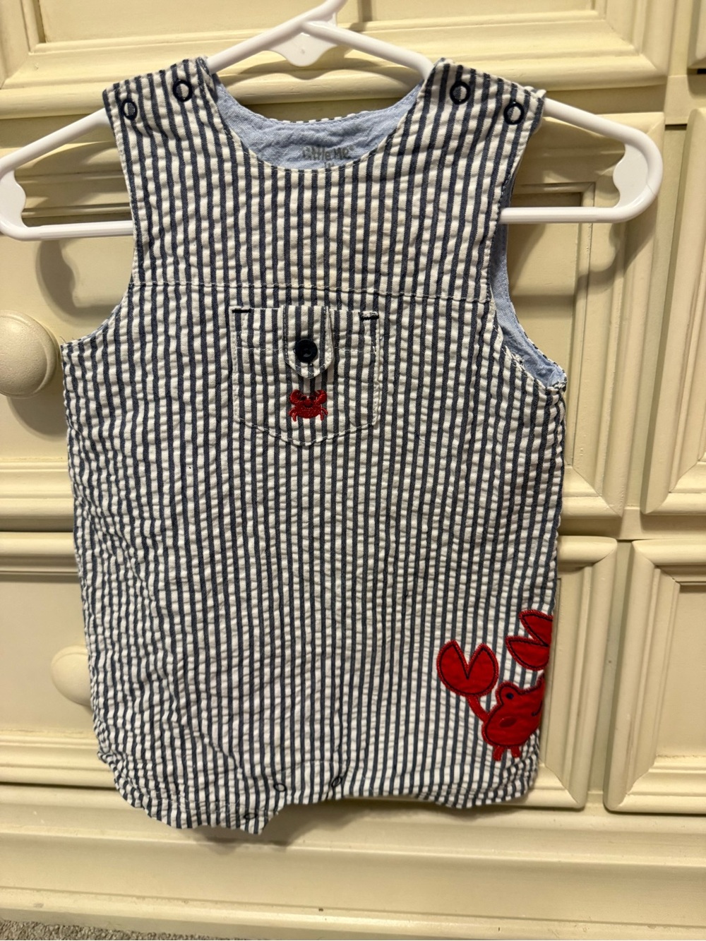 Little Me Blue & White Striped Tank One-Piece with Red Crab